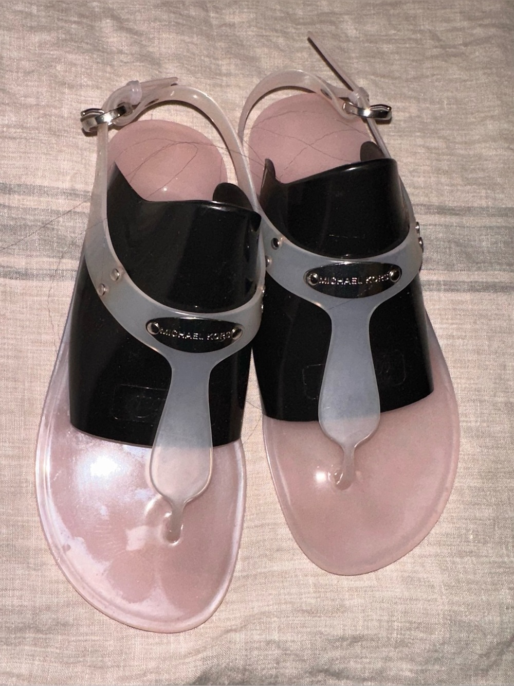 Michael Kors Pink and Black Jelly Thong Sandals with Clear Accents